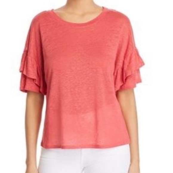 1. State 100% Linen Coral Ruffle Short Sleeve Top - Picture 1 of 5